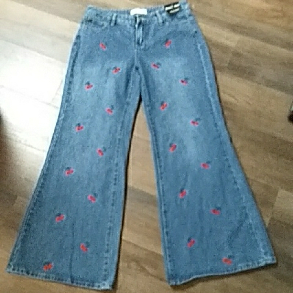 Ashley Mason Cherry Embroidered Wide Leg Baggy Jeans Denim Y2K